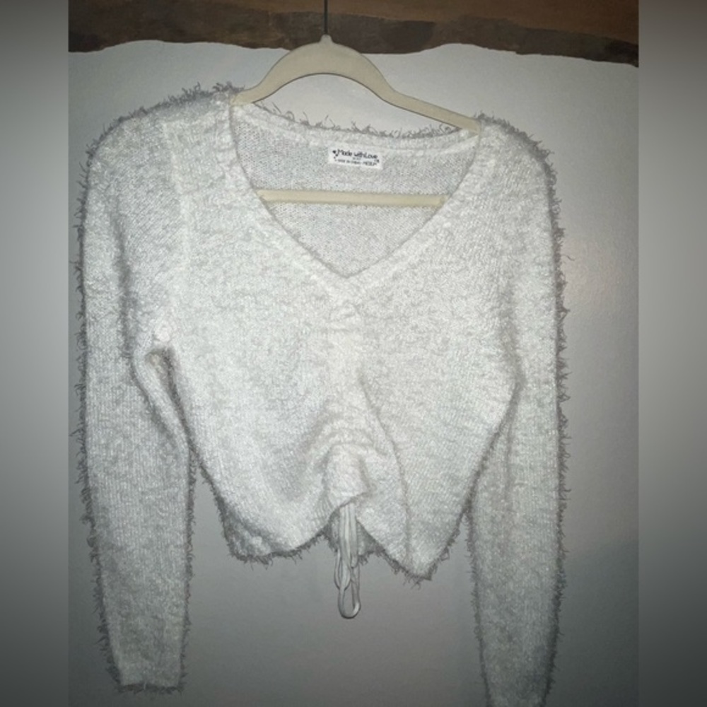 White Fuzzy Cropped Long Sleeve Tied Sweater - FCT